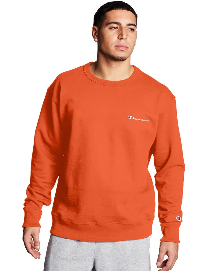 Champion Mens Sweatshirt NZ - Powerblend Fleece Crew Script Logo Orange ( 0734-ZJMDU )